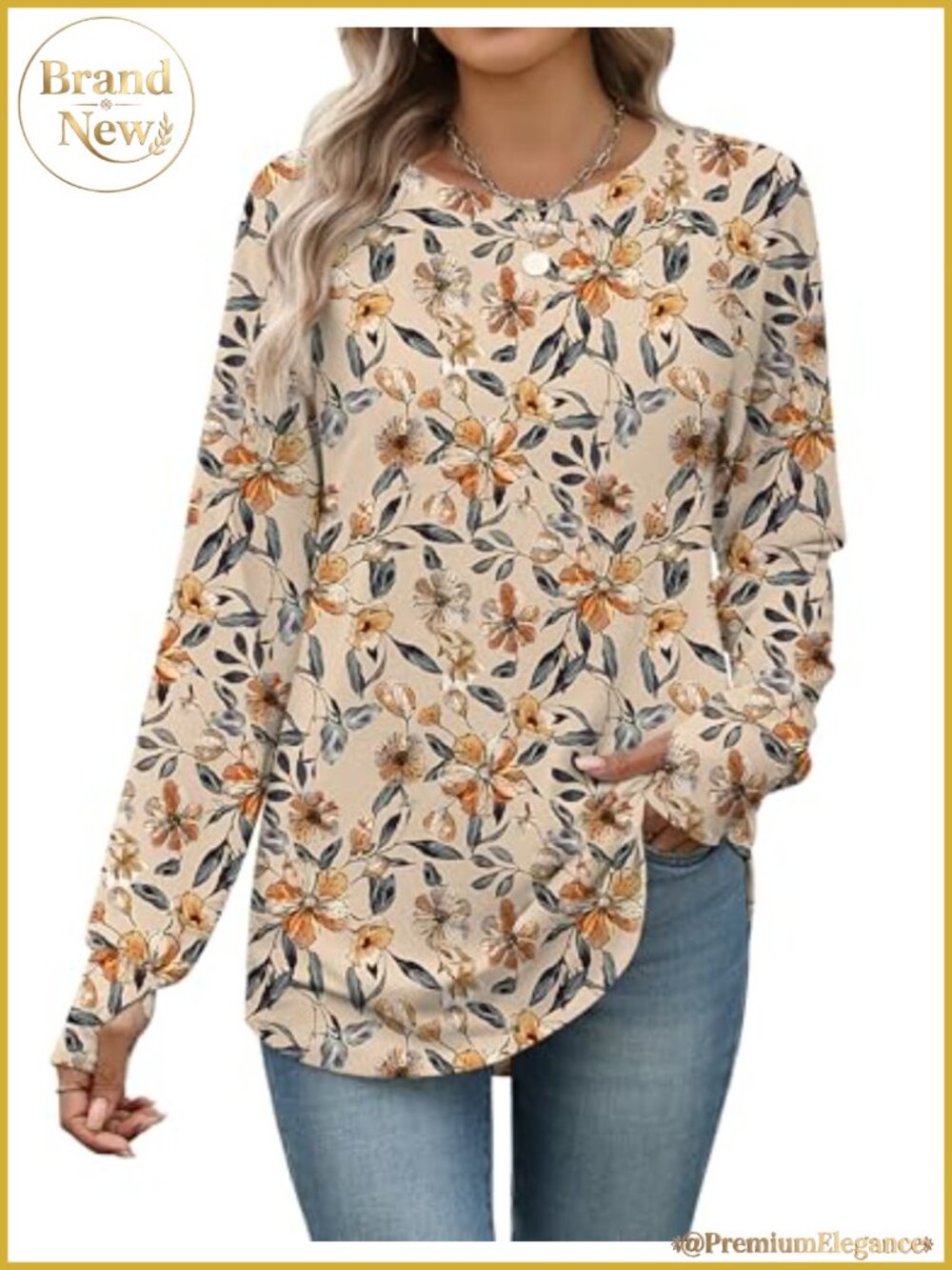Women's Casual Long Sleeve Loose Tunic Top with Thumb Holes